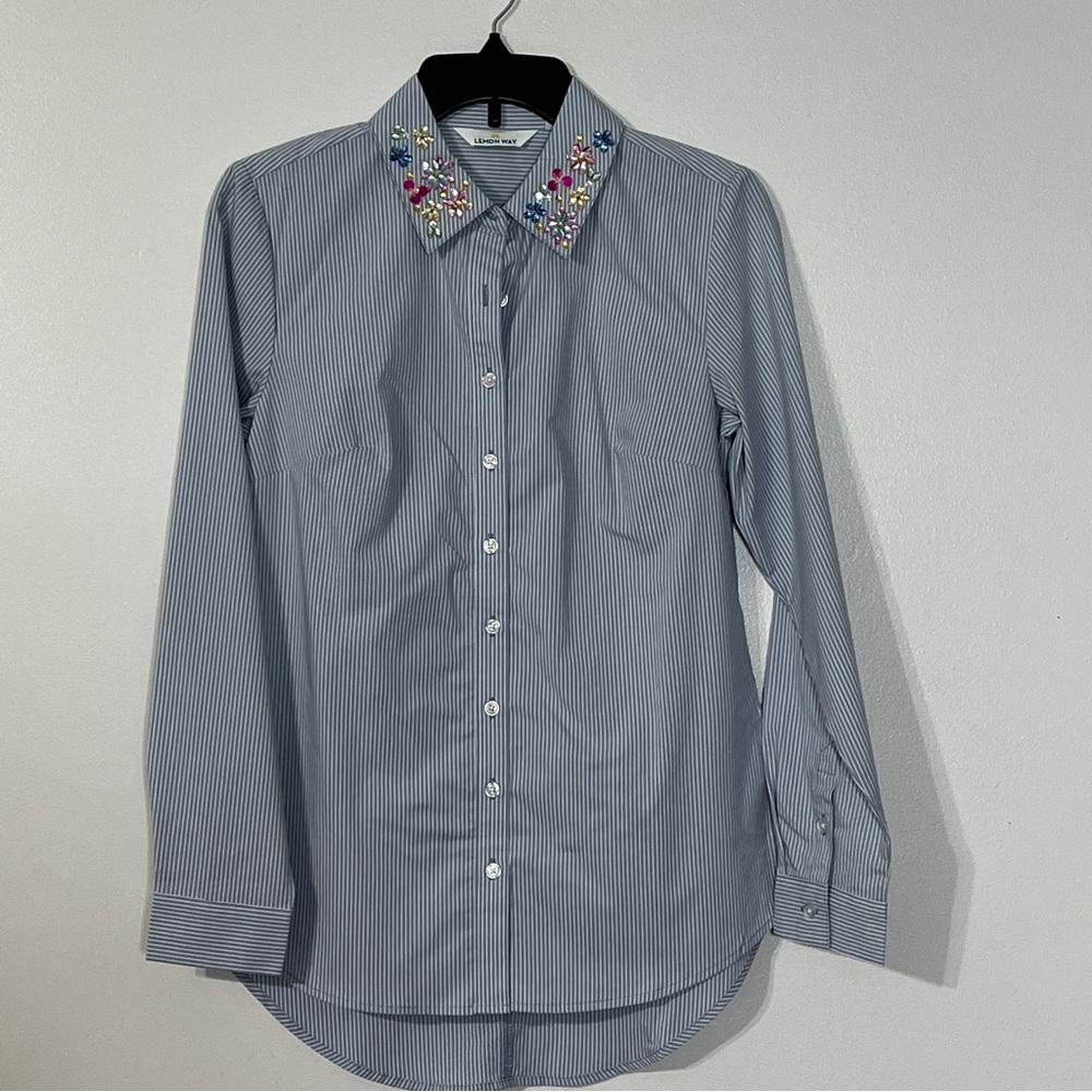 Lemon Way Blue/White Striped Button-Down Shirt Bedazzled Collar